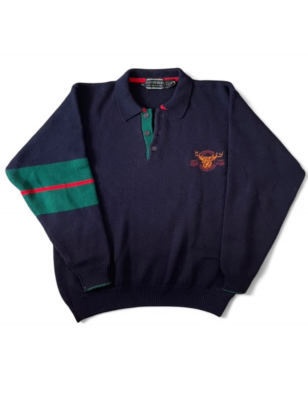 Leo Chevalier size large 50% wool Navy Polo Sweater with Green and Red Accents